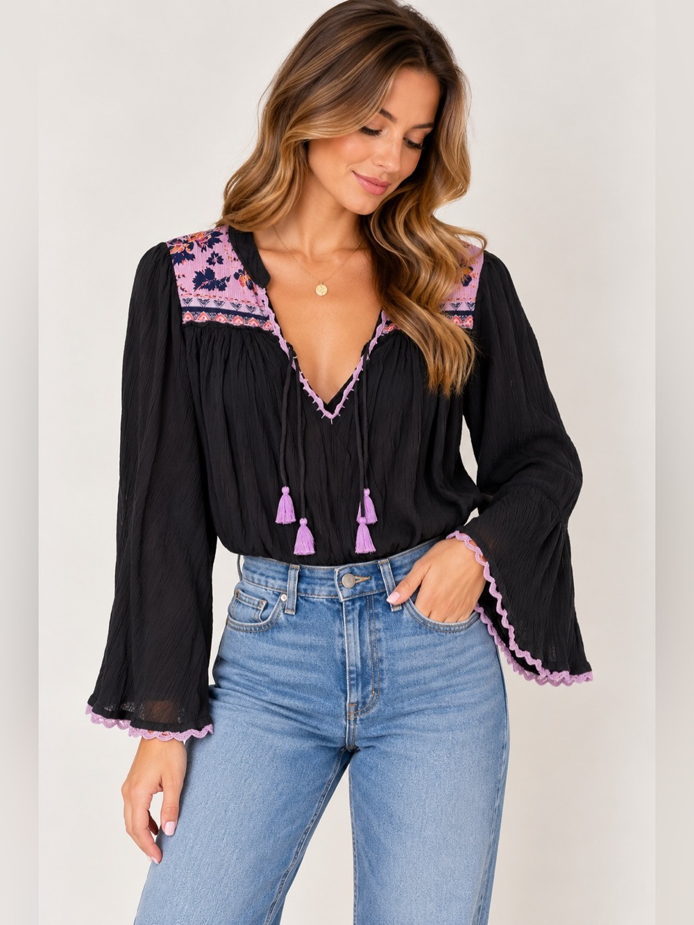 Intimately Free People Lana Embroidered Bell Sleeve Bodysuit Black Size S